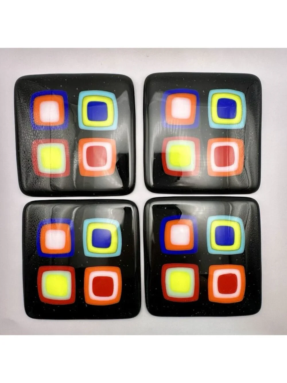 Modernist Geometric Design Coasters Set of 4 Signed Terry Hart Fused Art Glass